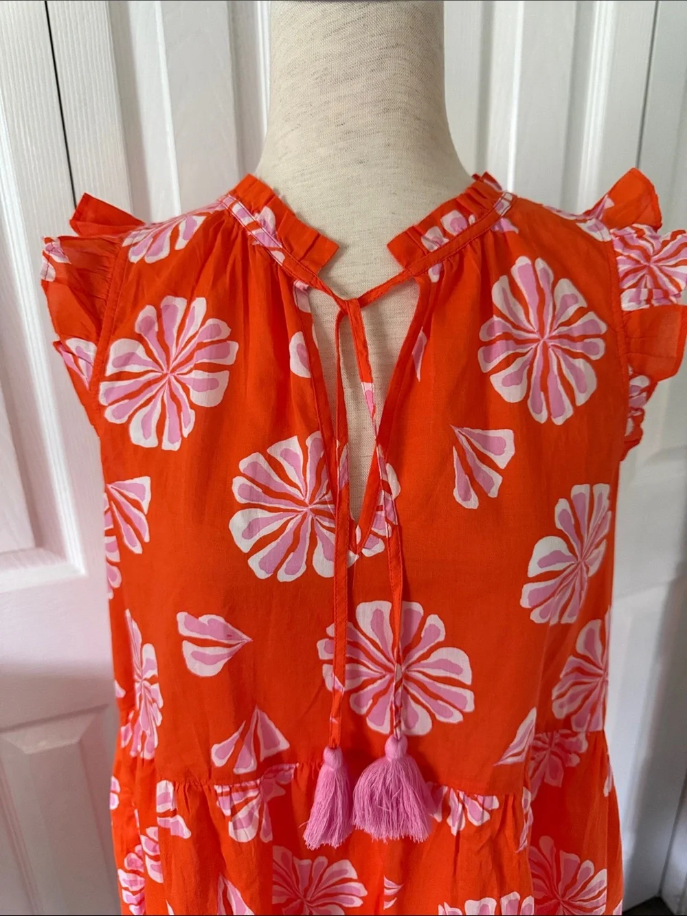 NWT J. Crew Cotton Orange Floral Tiered Dress with Pink Tassels Sz S